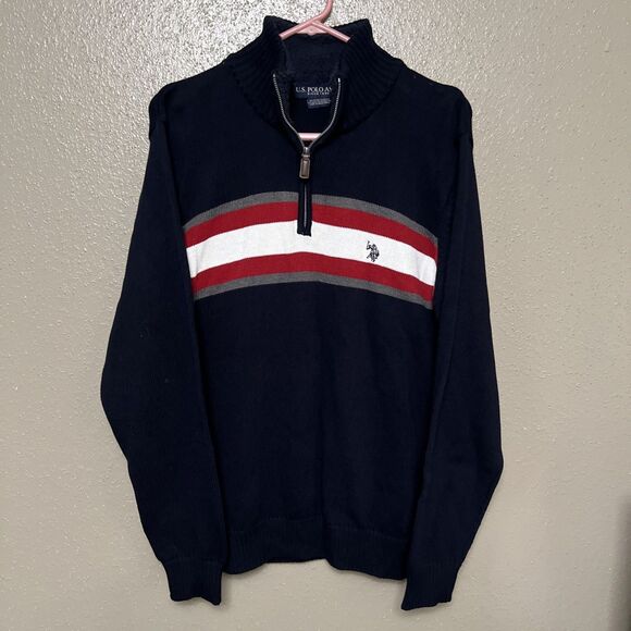 U.S. Polo Assn. Sweater Men's Size L Navy Blue Cotton Quarter-Zip Pullover - Picture 1 of 6